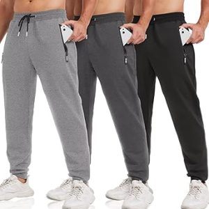 3 Pack Sweatpants for Men Tapered Mens Joggers Pants with Zip Pockets Fleece Slim Fit Workout Running Gym Sweat Pants